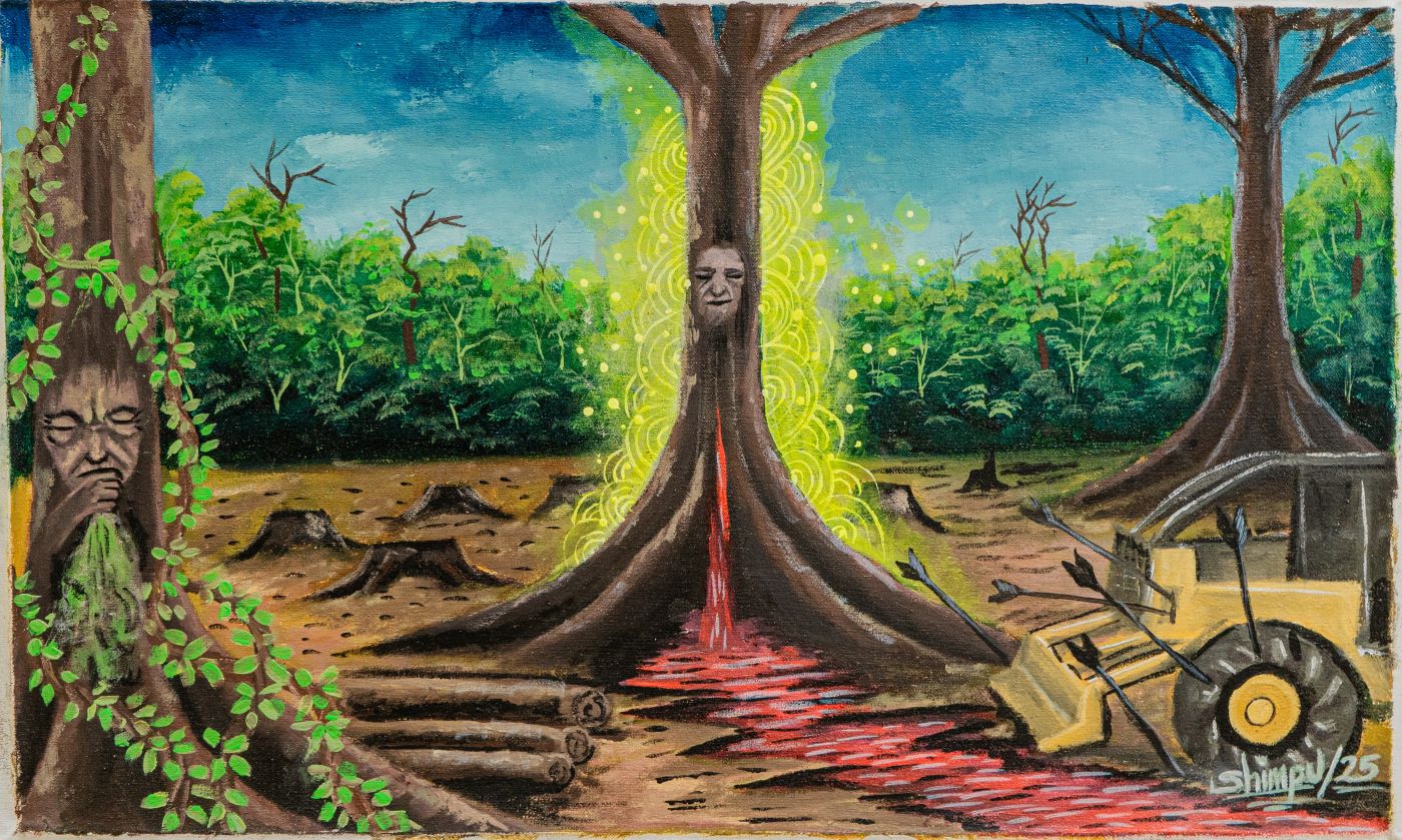 LOS ÁRBOLES SANGRAN. Alexander Shimpukat pintó árboles atacados por actividades extractivas. Los espíritus de estas plantas se desangran y piden ayuda, mientras la población se defiende.