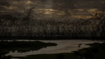 PERSISTENCIA. Una fotografía histórica de indígenas, exhibida en el barco-museo Ayapua, se yuxtapone con una vista actual del río Itaya para representar las huellas de la violencia cauchera.