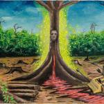 LOS ÁRBOLES SANGRAN. Alexander Shimpukat pintó árboles atacados por actividades extractivas. Los espíritus de estas plantas se desangran y piden ayuda, mientras la población se defiende.