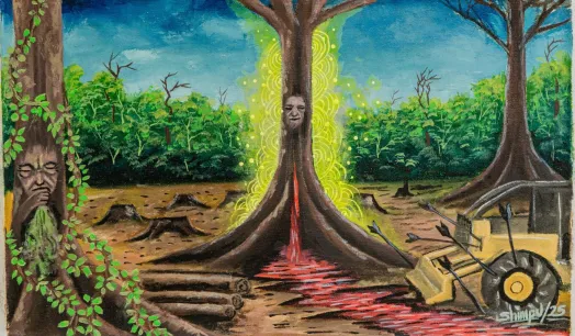 LOS ÁRBOLES SANGRAN. Alexander Shimpukat pintó árboles atacados por actividades extractivas. Los espíritus de estas plantas se desangran y piden ayuda, mientras la población se defiende.