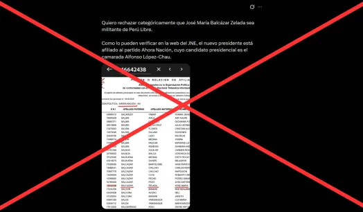 Es falso que el presidente José María Balcázar está afiliado actualmente al partido Ahora Nación