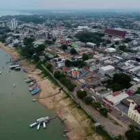 BRAZIL. Aerial view of Itaituba, a city known for intense gold mining activity in the Tapajós River valley.