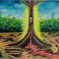 LOS ÁRBOLES SANGRAN. Alexander Shimpukat pintó árboles atacados por actividades extractivas. Los espíritus de estas plantas se desangran y piden ayuda, mientras la población se defiende.